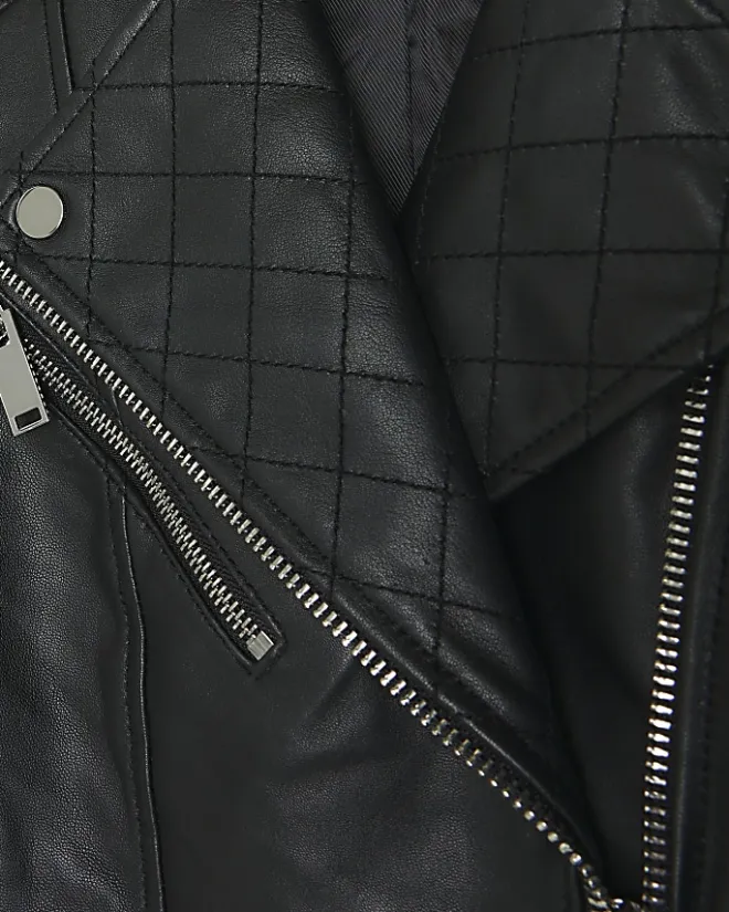 River Island leather zip up biker jacket Black Sale
