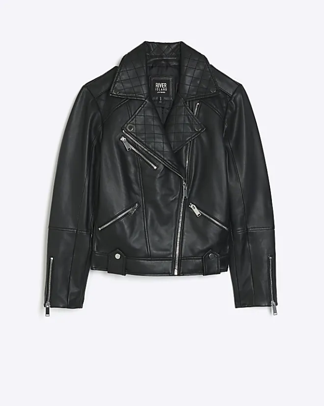 River Island leather zip up biker jacket Black Sale