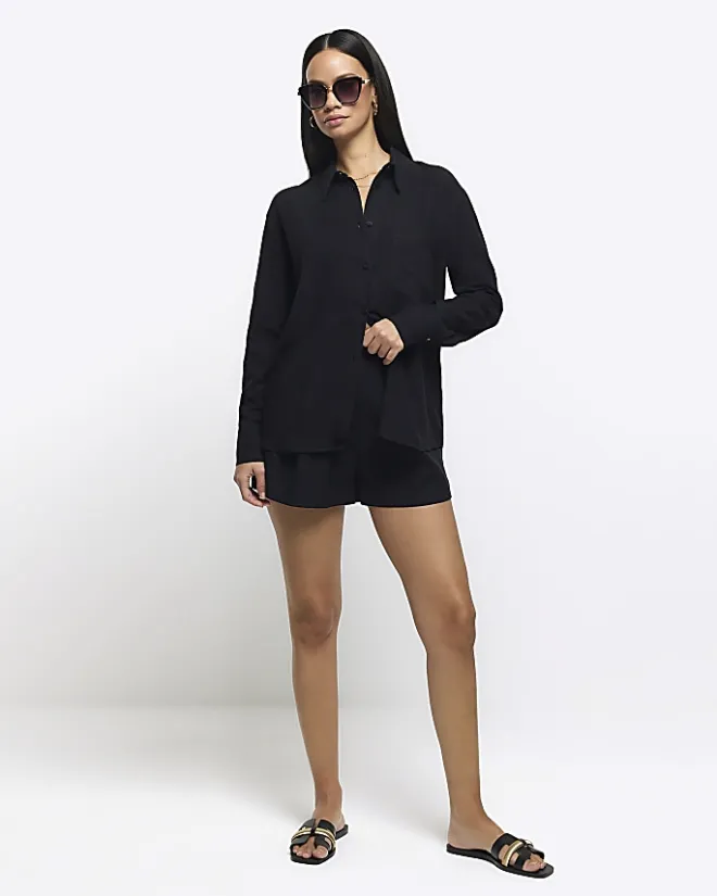 River Island linen blend long sleeve shirt Black Best