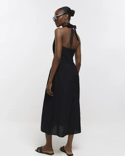 River Island linen halter neck midi dress Black Fashion