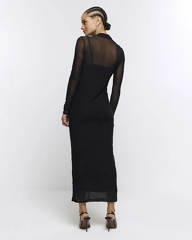 River Island mesh bodycon maxi dress Black New