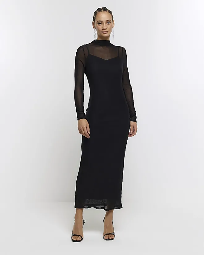 River Island mesh bodycon maxi dress Black New