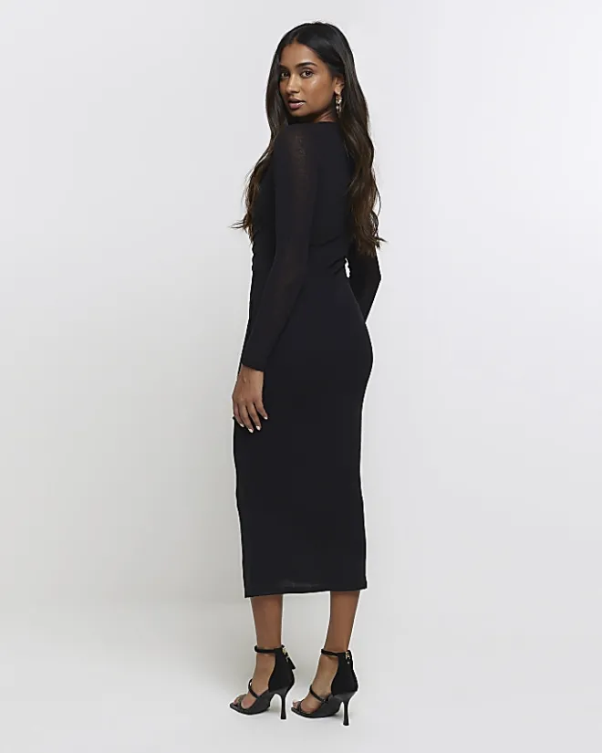 River Island mesh cut out bodycon midi dress Black Clearance