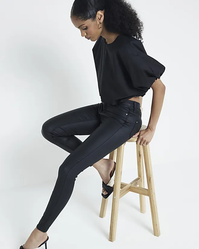 River Island mid rise skinny coated jeans Black Sale