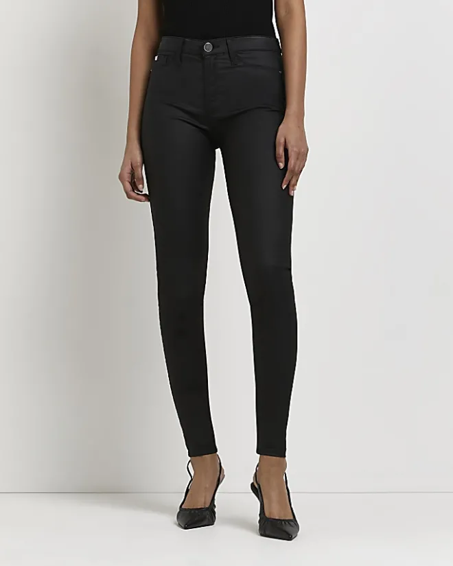 River Island Molly coated mid rise skinny jeans Black Outlet