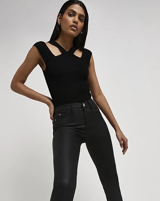River Island Molly coated mid rise skinny jeans Black Outlet