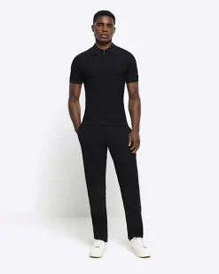 River Island muscle fit knitted half zip polo Black Best