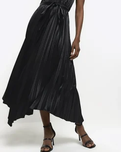 River Island pleated asymmetric midi dress Black Discount