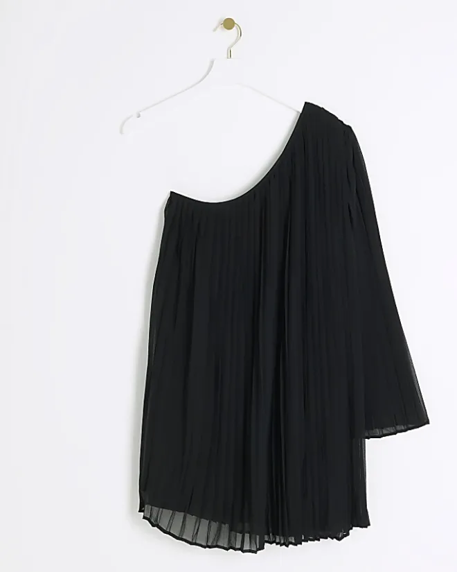 River Island plisse one shoulder shift mini dress Black Best