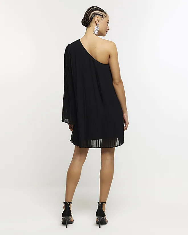 River Island plisse one shoulder shift mini dress Black Best