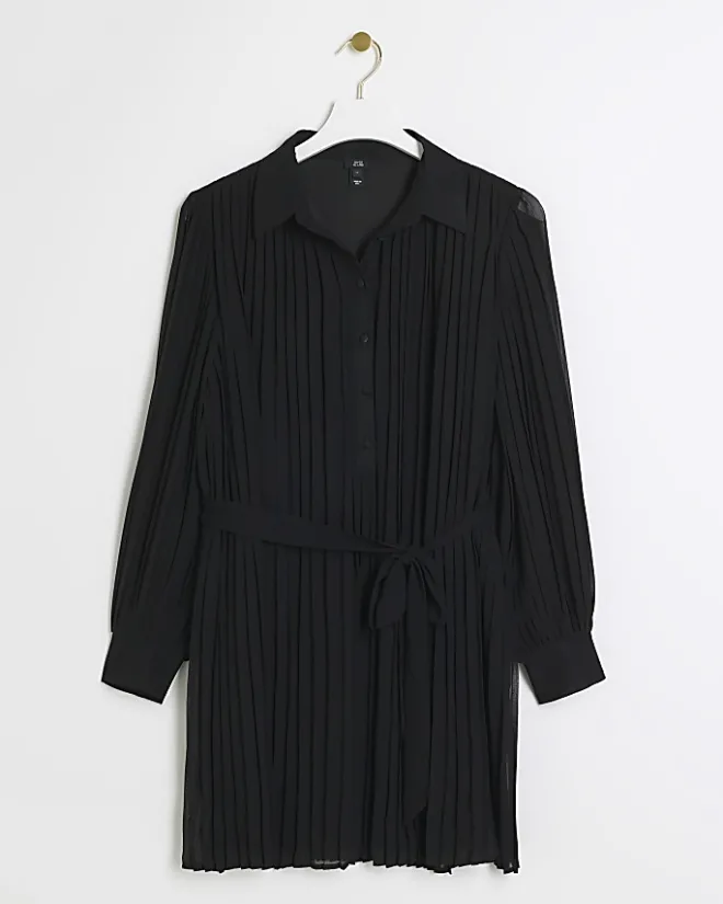 River Island plisse tie waist mini shirt dress Black Online
