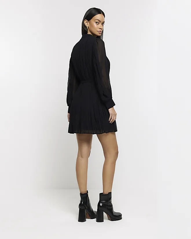 River Island plisse tie waist mini shirt dress Black Online