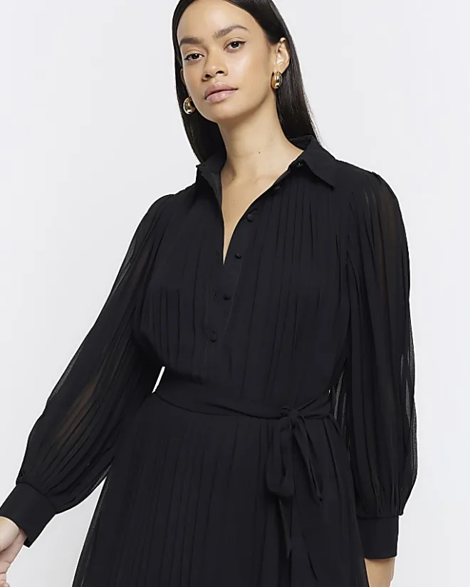 River Island plisse tie waist mini shirt dress Black Online