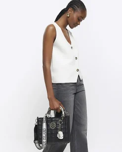 River Island quilted corsage tote bag Black New