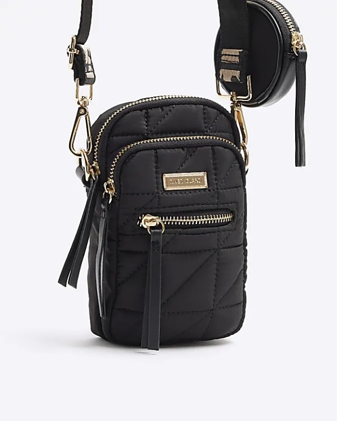 River Island quilted pouch phone cross body bag Black New