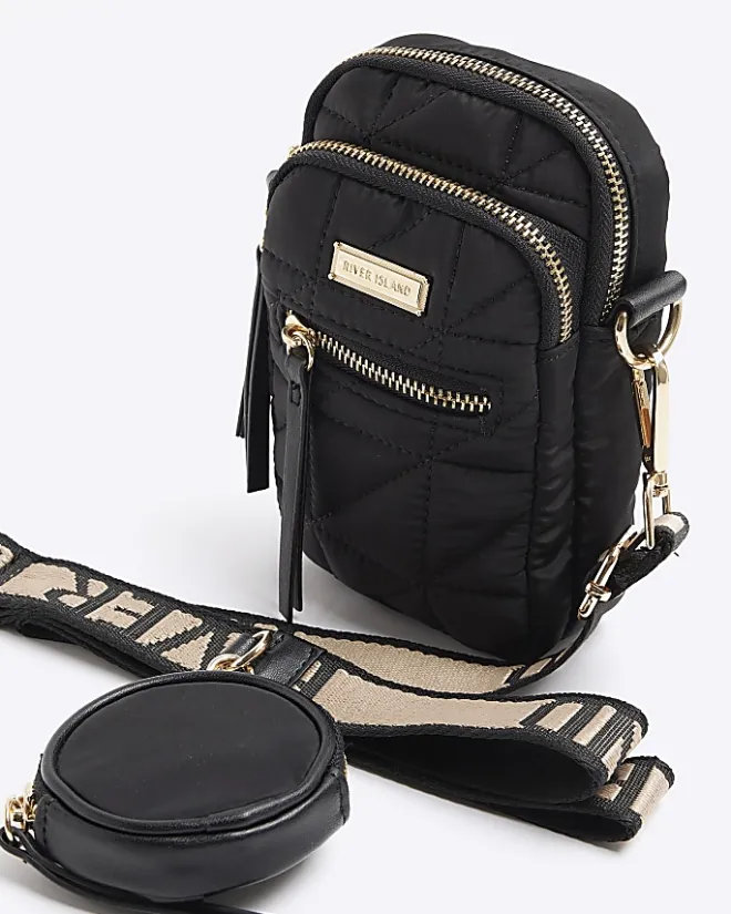 River Island quilted pouch phone cross body bag Black New