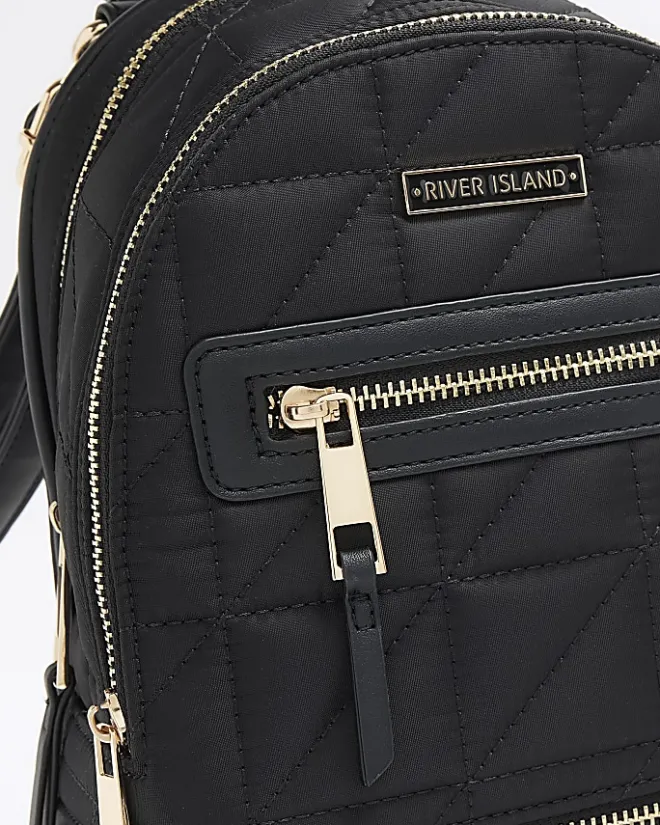 River Island Quilted Zip Backpack Black New