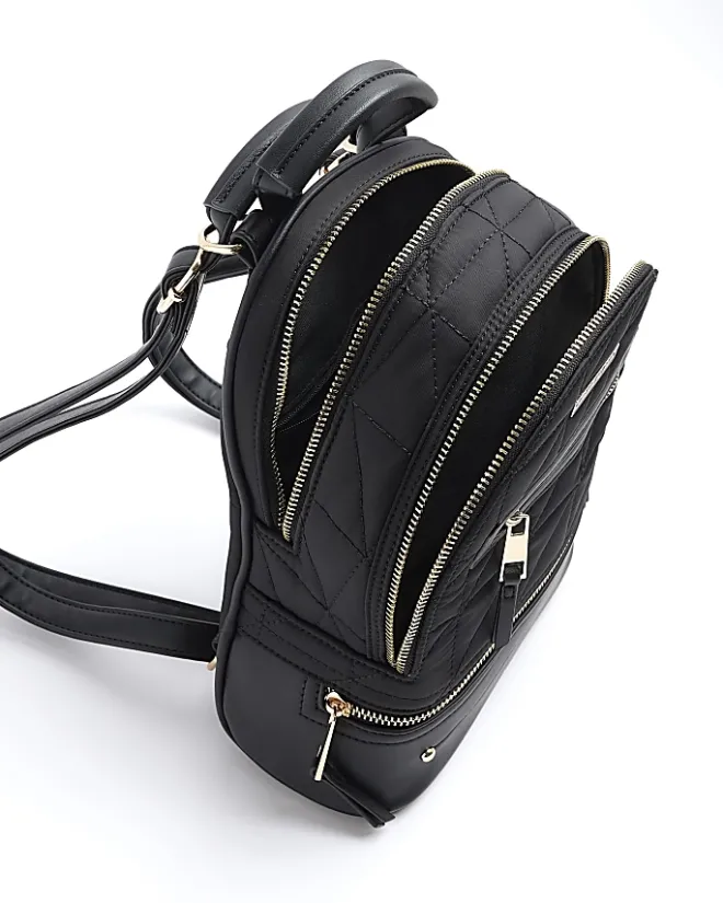 River Island Quilted Zip Backpack Black New