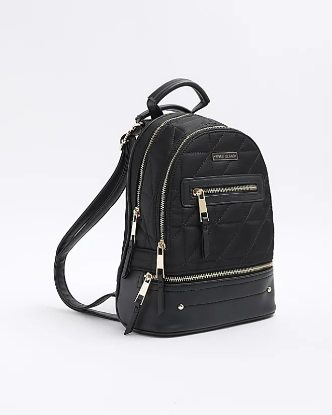 River Island Quilted Zip Backpack Black New