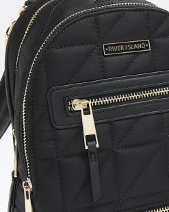 River Island Quilted Zip Backpack Black New