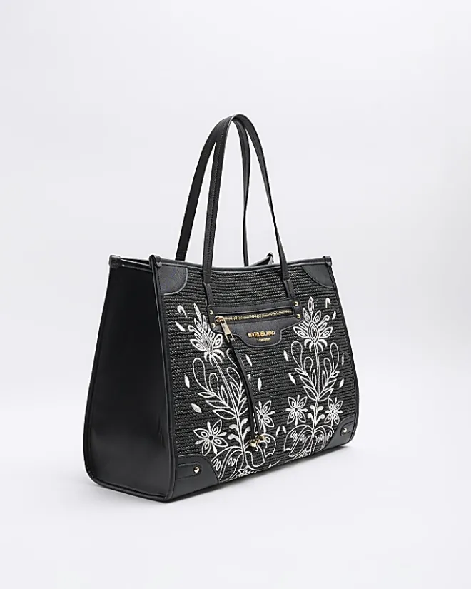 River Island raffia embroidered tote bag Black Clearance