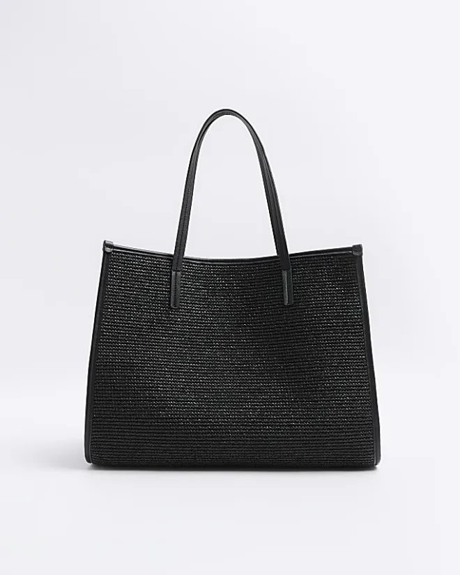 River Island raffia embroidered tote bag Black Clearance