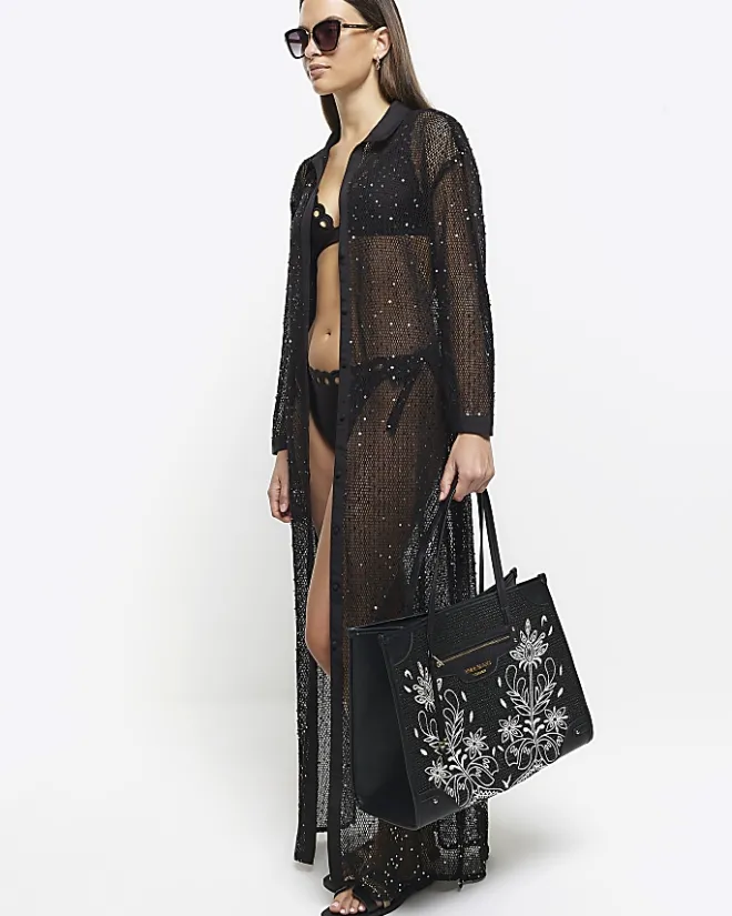 River Island raffia embroidered tote bag Black Clearance