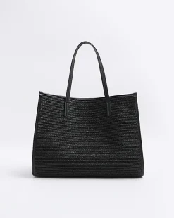 River Island raffia embroidered tote bag Black Clearance