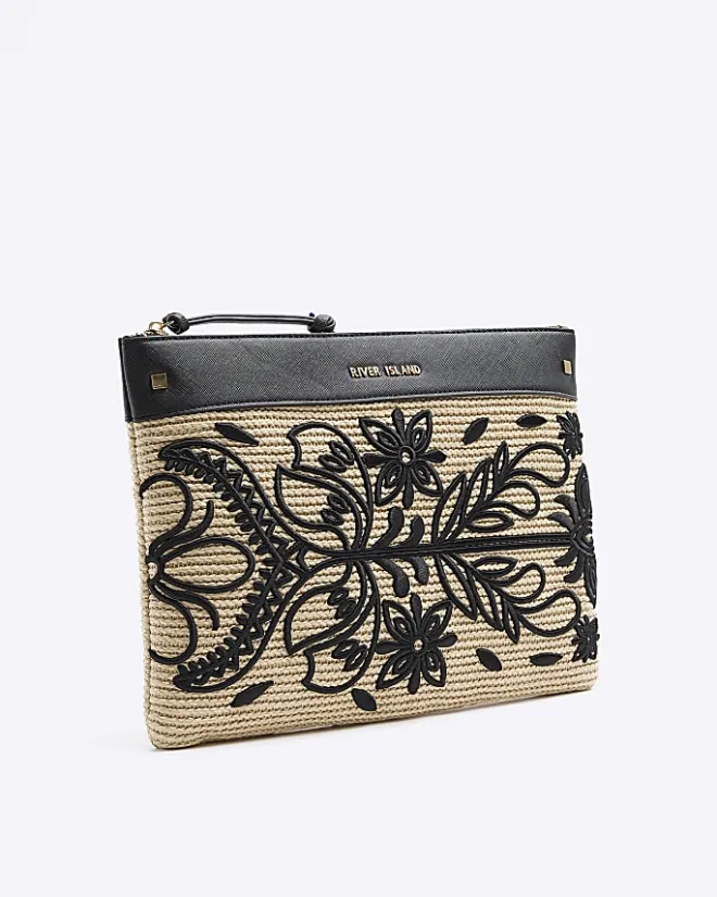 River Island raffia embroidered pouchette bag Black Online