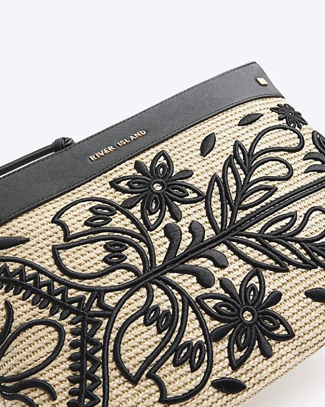 River Island raffia embroidered pouchette bag Black Online