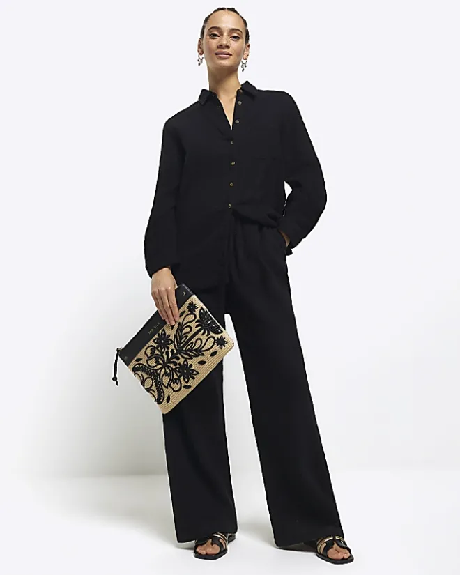 River Island raffia embroidered pouchette bag Black Online
