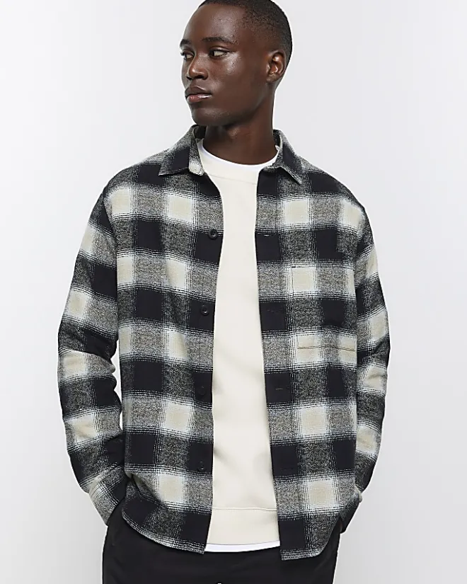 River Island regular fit check long sleeve shirt Black Sale