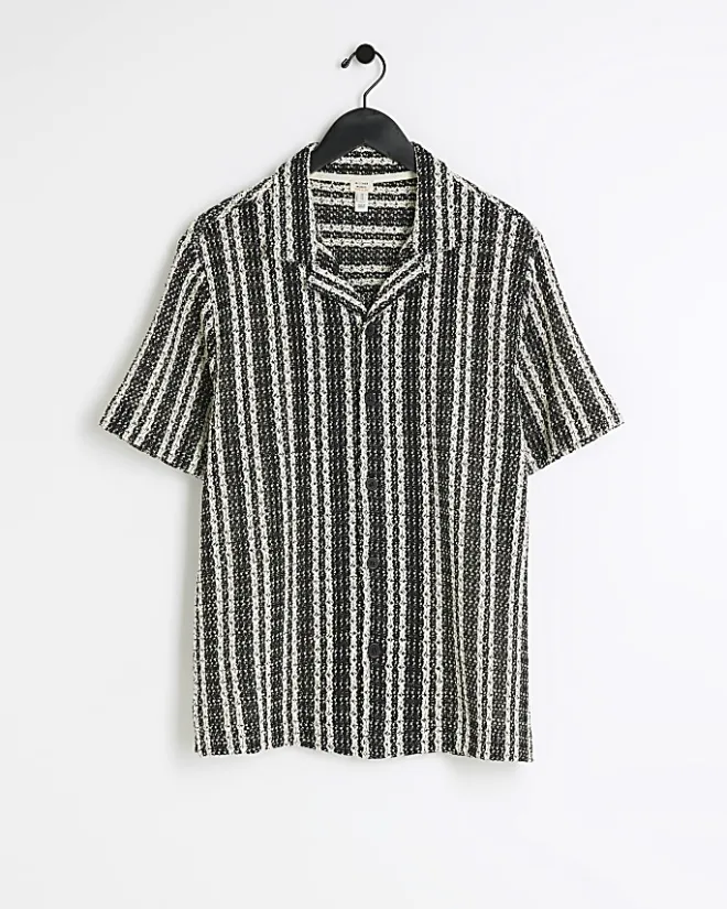 River Island regular fit crochet stripe revere shirt Black Outlet