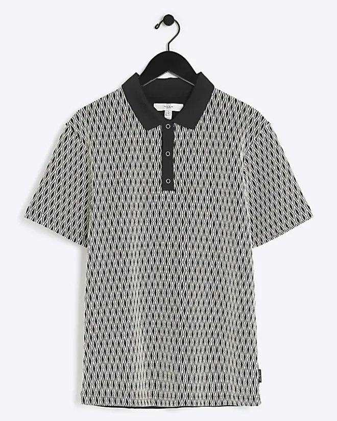 River Island Regular Fit Diamond Jacquard Polo Black Hot