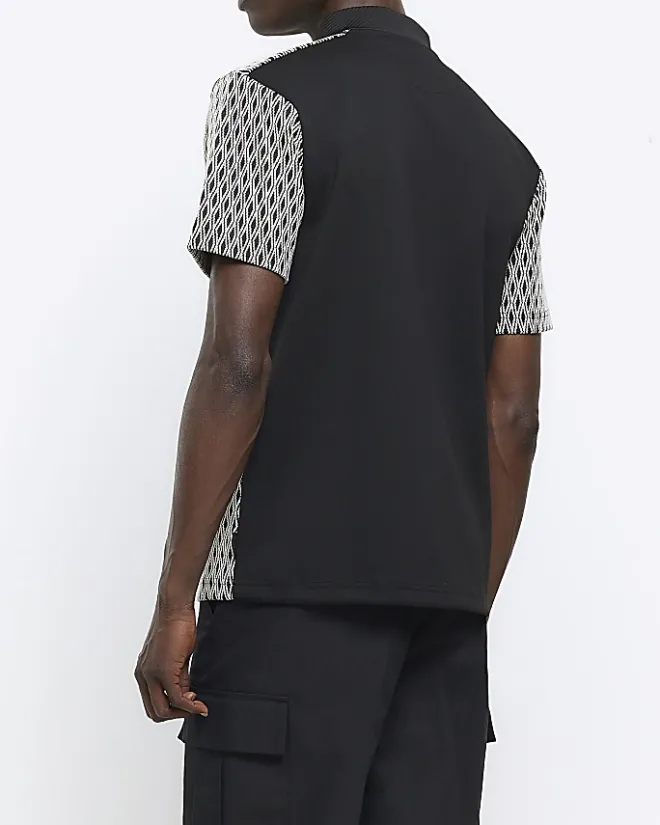 River Island Regular Fit Diamond Jacquard Polo Black Hot