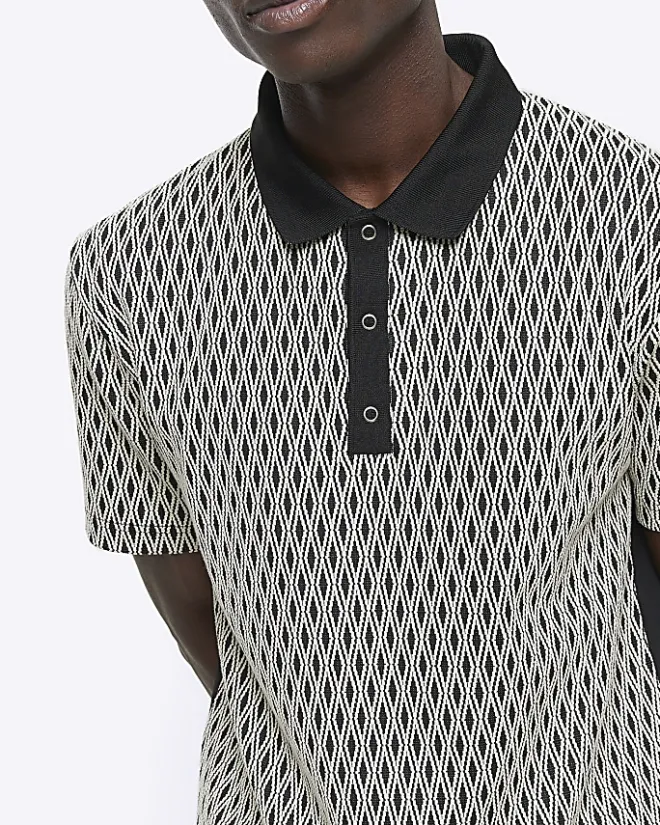 River Island Regular Fit Diamond Jacquard Polo Black Hot