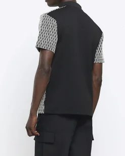 River Island Regular Fit Diamond Jacquard Polo Black Hot
