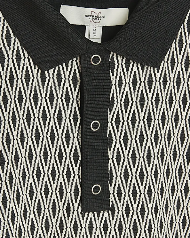 River Island Regular Fit Diamond Jacquard Polo Black Hot