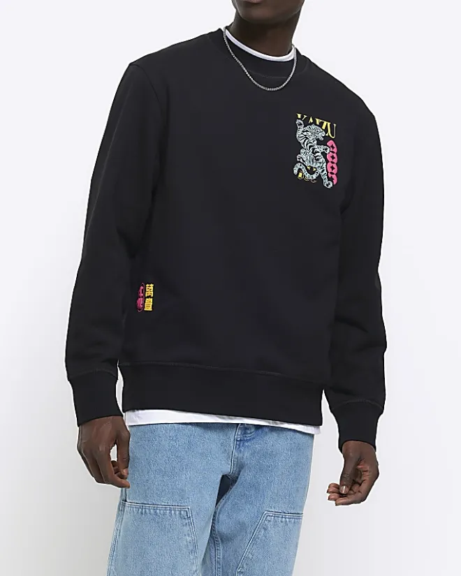 River Island regular fit Japanese tiger sweatshirt Black New
