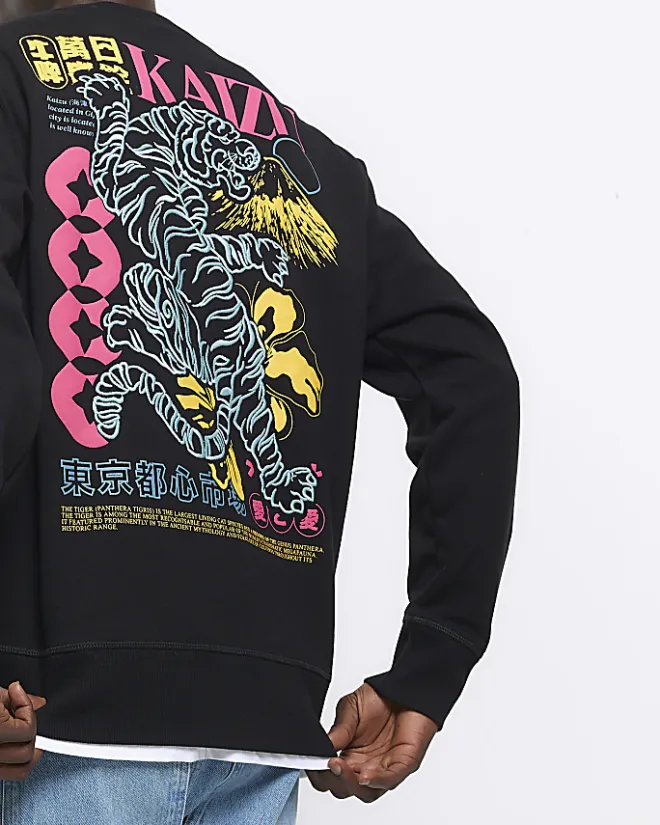 River Island regular fit Japanese tiger sweatshirt Black New