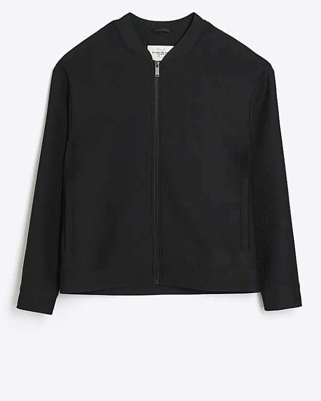 River Island regular fit plisse zip bomber jacket Black Clearance