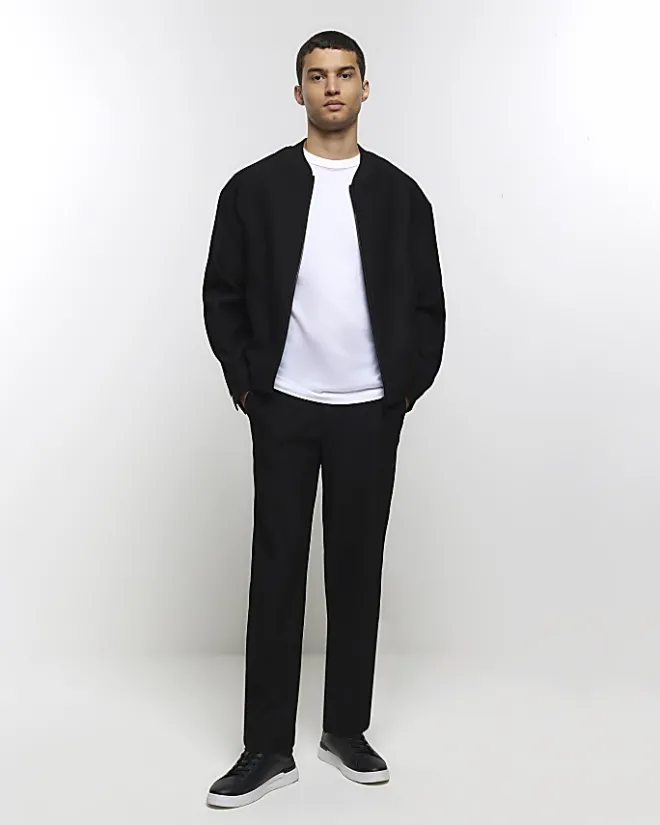 River Island regular fit plisse zip bomber jacket Black Clearance