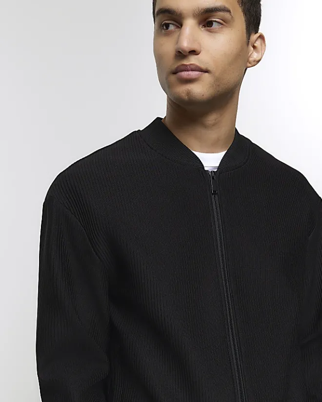 River Island regular fit plisse zip bomber jacket Black Clearance