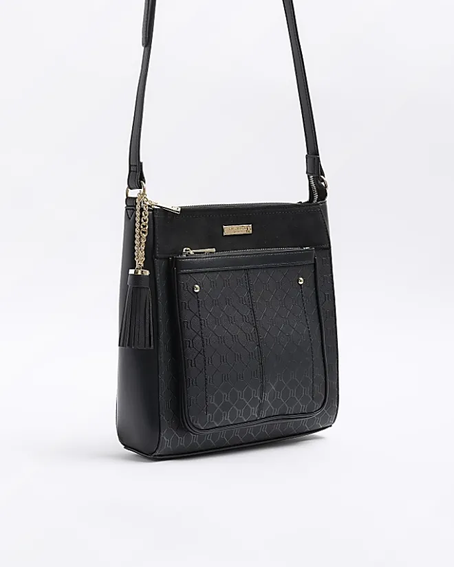 River Island RI monogram messenger bag Black Online