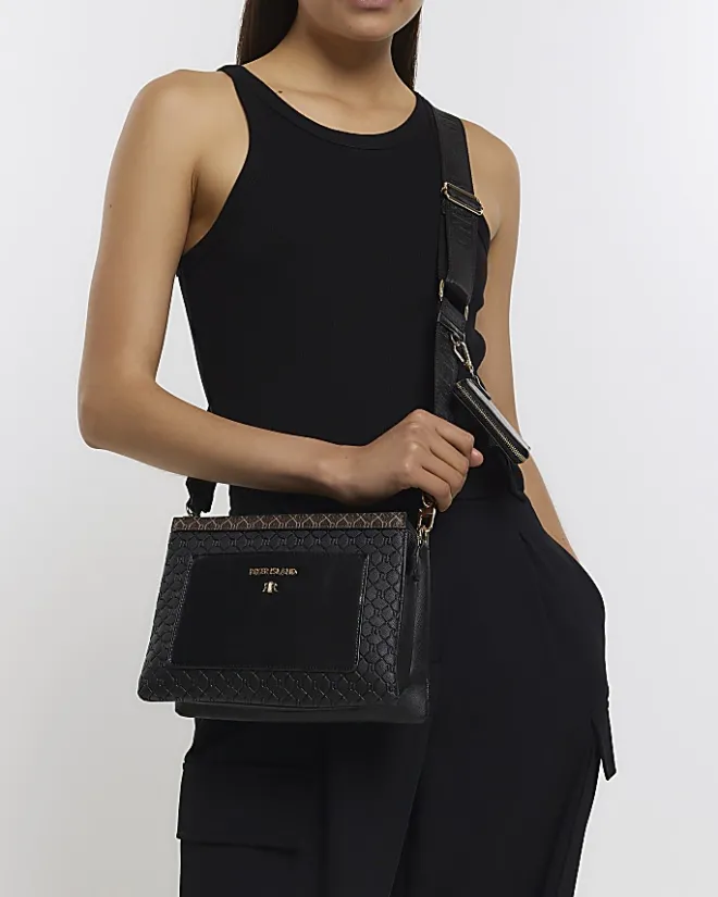 River Island RI monogram pouch cross body bag Black Discount