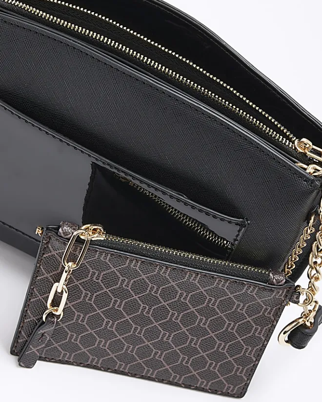 River Island RI monogram pouch cross body bag Black Clearance