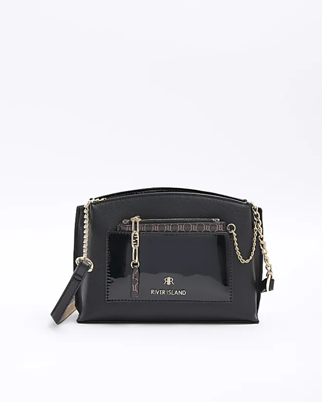 River Island RI monogram pouch cross body bag Black Clearance