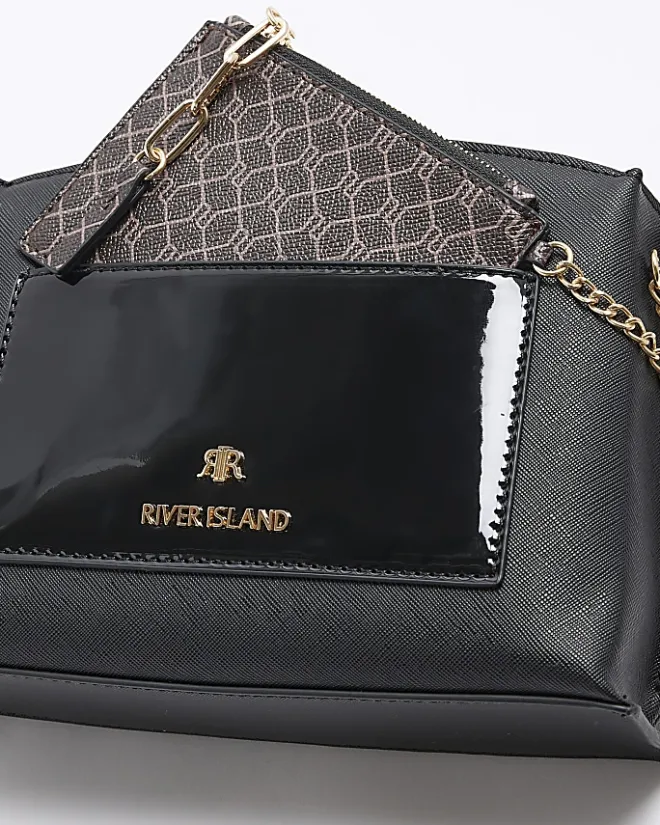 River Island RI monogram pouch cross body bag Black Clearance