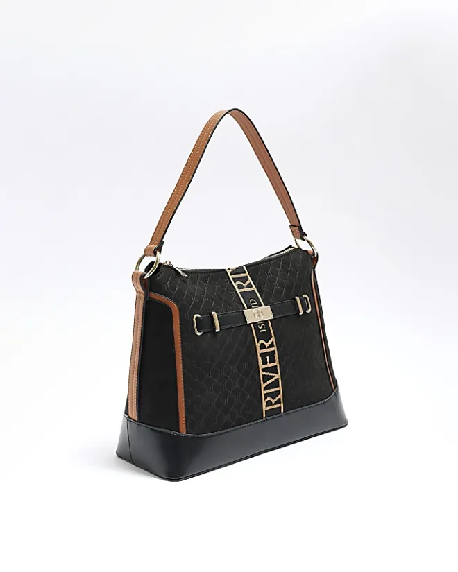 River Island RI monogram webbing shoulder bag Black Clearance