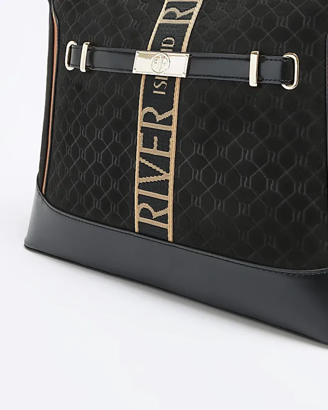 River Island RI monogram webbing shoulder bag Black Clearance